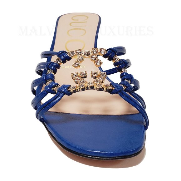 GUCCI SHOES BLUE LEATHER STRAPPY SANDALS CRYSTAL INTERLOCKING LOGO 38 8 US - Picture 8 of 15
